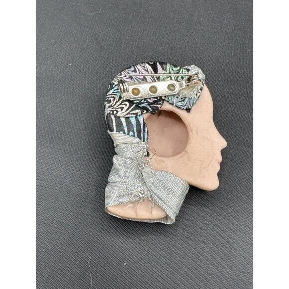 Vintage Porcelain Head Brooch With Silver Turban & Scarf Accent - Picture 2 of 8